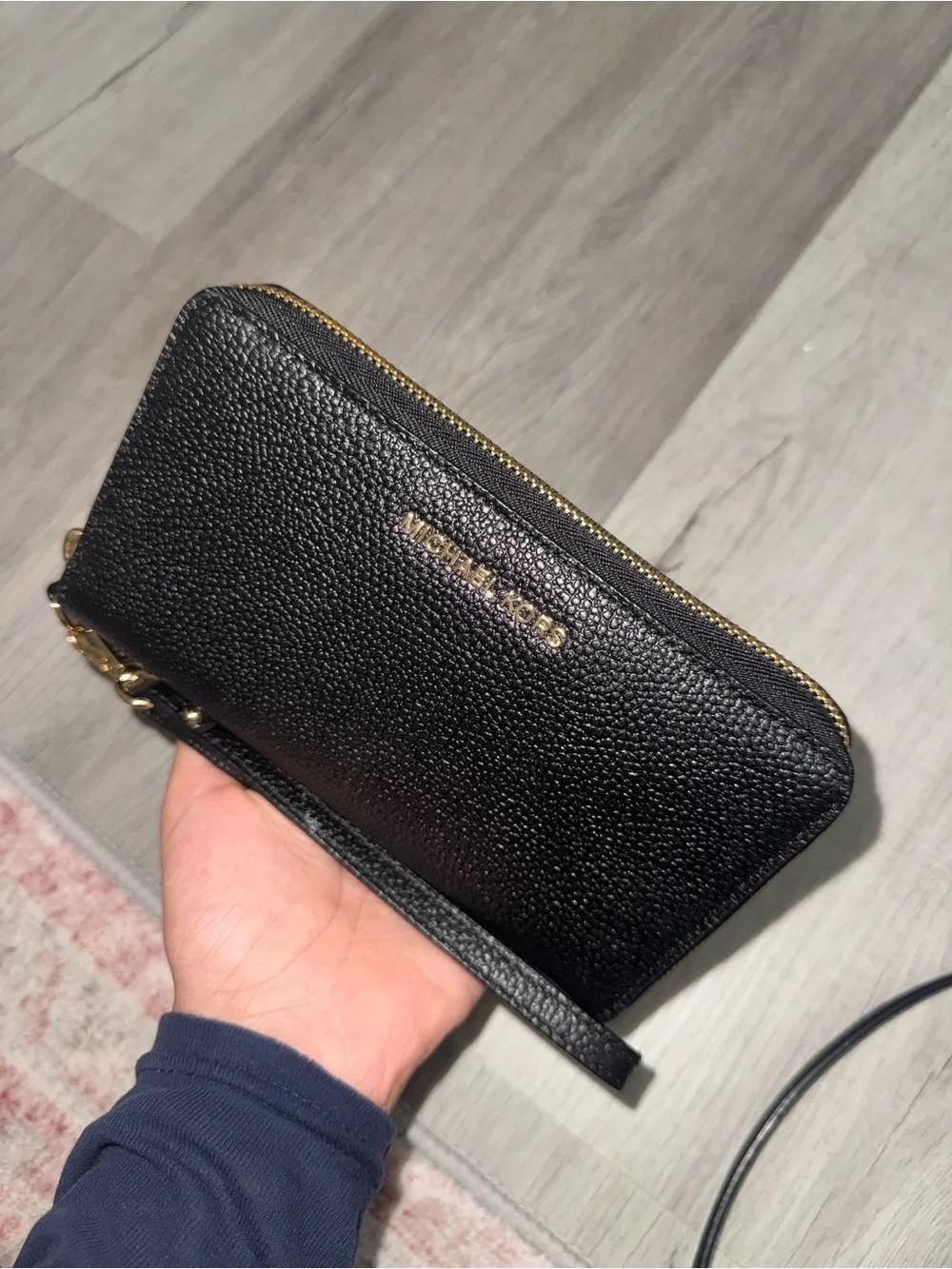 Michael Kors Black Pebbled Leather Zip Wristlet with Gold Hardware